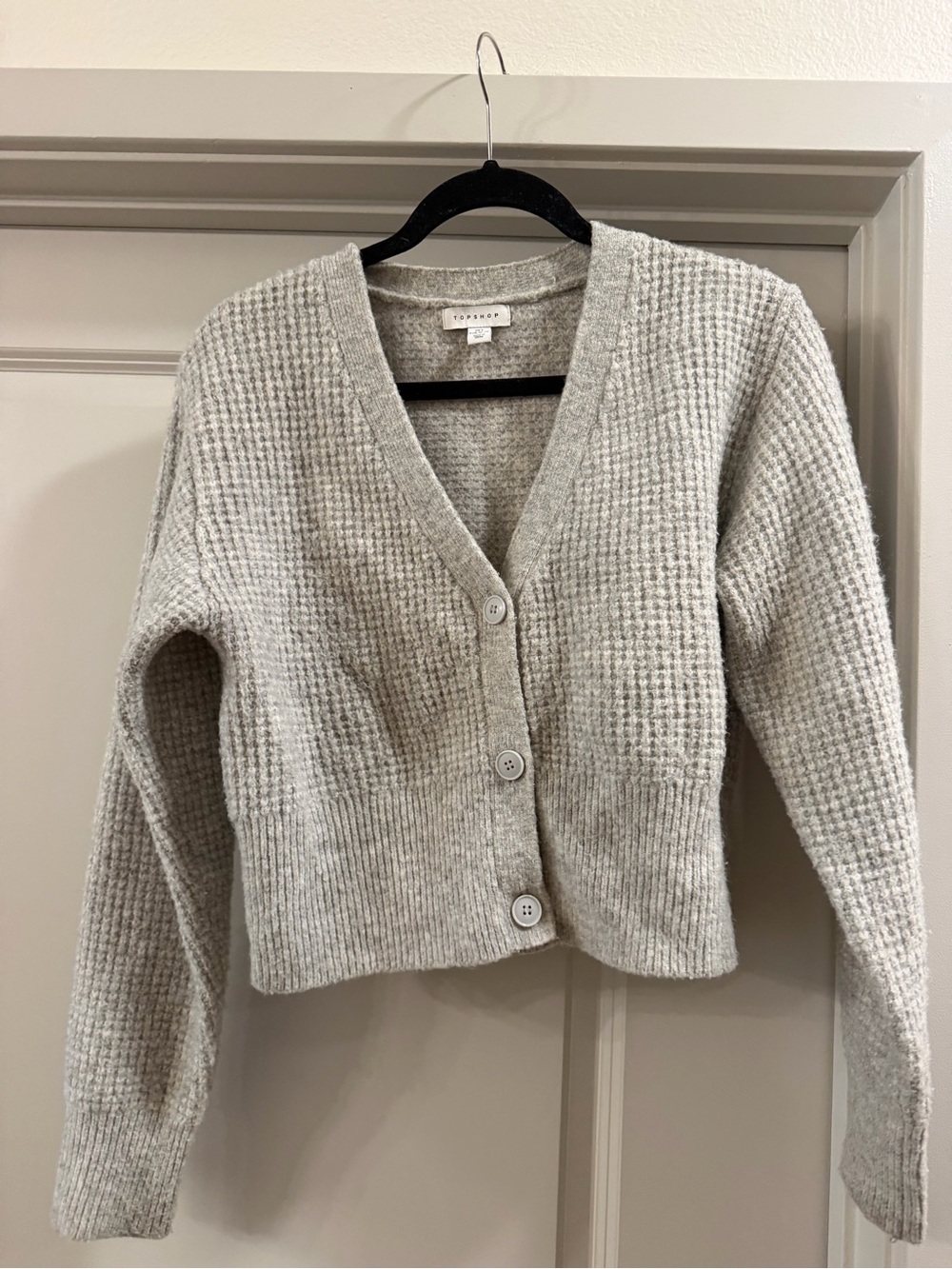 Topshop Light Gray Waffle-Knit V-Neck Button Cardigan